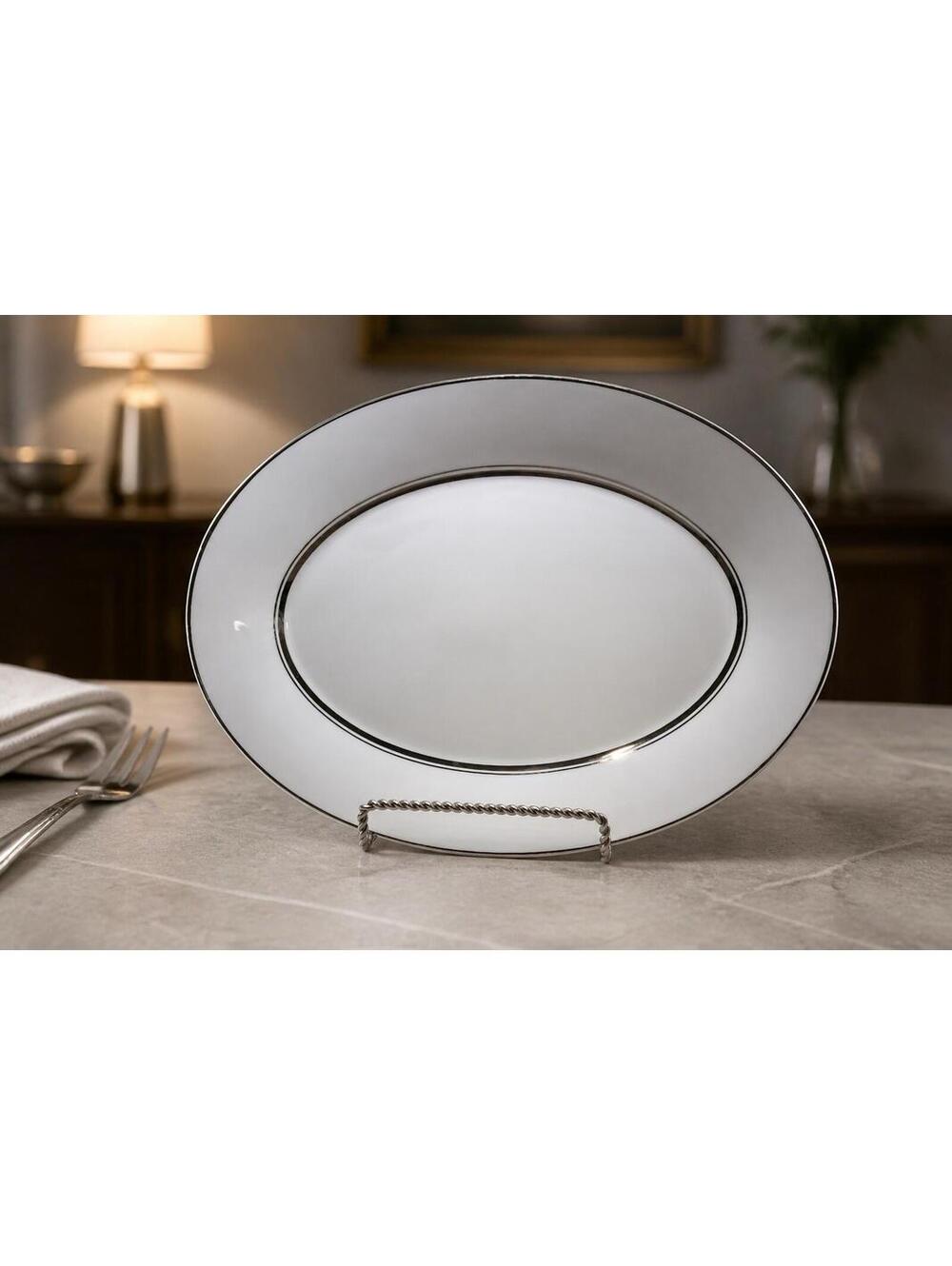 Noritake Galaxy 6527 Oval Serving Platter White China Platinum Trim Japan 14”